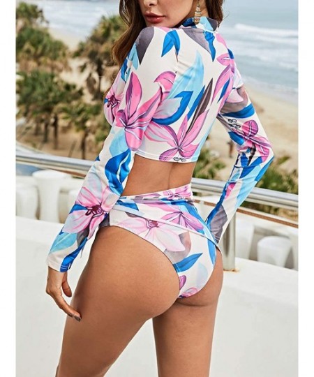 Sets Womens Three Pieces Flattering Floral Swimsuits Print Bathing Suit Long Sleeve Zip Up Crop Top Bikini Set Flower - CU18R...