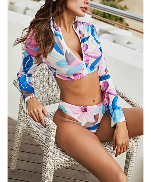 Sets Womens Three Pieces Flattering Floral Swimsuits Print Bathing Suit Long Sleeve Zip Up Crop Top Bikini Set Flower - CU18R...