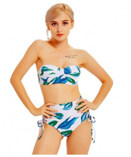 Sets Women's Two Piece Off Shoulder Leaves Printing Padding Bikini Top with Halter High Waisted Bottoms Swimsuit Swimwear - G...