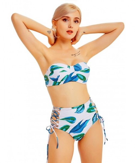 Sets Women's Two Piece Off Shoulder Leaves Printing Padding Bikini Top with Halter High Waisted Bottoms Swimsuit Swimwear - G...