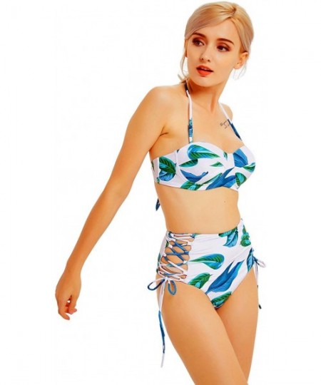 Sets Women's Two Piece Off Shoulder Leaves Printing Padding Bikini Top with Halter High Waisted Bottoms Swimsuit Swimwear - G...