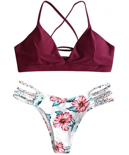 Sets Lace up Strappy Bikini Set for Women - Burgundy - CG194IXR7LA