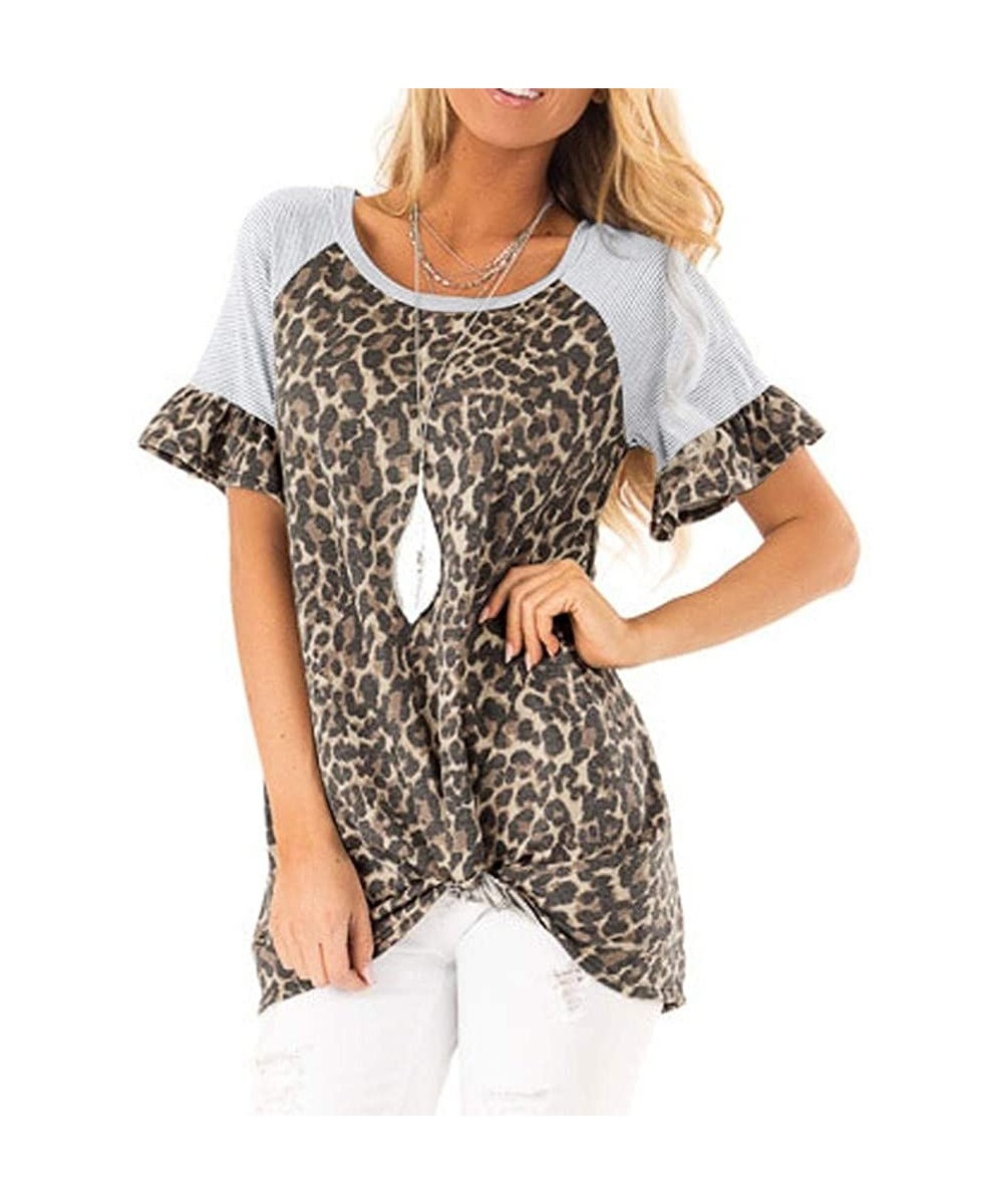 Rash Guards Leopard Print Tops for Women Camouflage Print Short Sleeve Shirt Slim Fit Tops Ladies Blouse - Zb-khaki - C91973E...