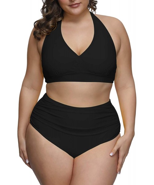 Sets Women's 2 Piece Plus Size High Waisted Swimwear Swimsuits Ruched Tummy Control Bikini Set - 01 - Black - CA1953HG8X8