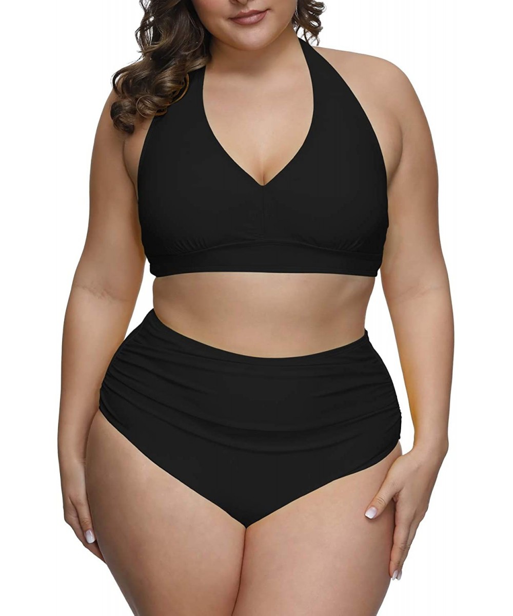 Sets Women's 2 Piece Plus Size High Waisted Swimwear Swimsuits Ruched Tummy Control Bikini Set - 01 - Black - CA1953HG8X8