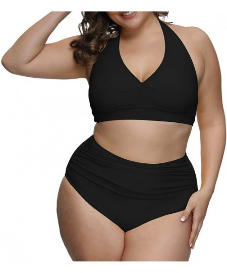 Sets Women's 2 Piece Plus Size High Waisted Swimwear Swimsuits Ruched Tummy Control Bikini Set - 01 - Black - CA1953HG8X8