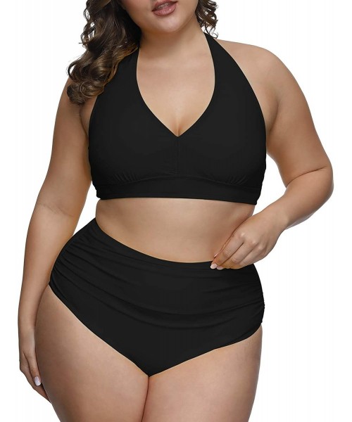 Sets Women's 2 Piece Plus Size High Waisted Swimwear Swimsuits Ruched Tummy Control Bikini Set - 01 - Black - CA1953HG8X8