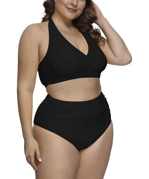 Sets Women's 2 Piece Plus Size High Waisted Swimwear Swimsuits Ruched Tummy Control Bikini Set - 01 - Black - CA1953HG8X8