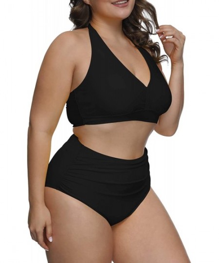 Sets Women's 2 Piece Plus Size High Waisted Swimwear Swimsuits Ruched Tummy Control Bikini Set - 01 - Black - CA1953HG8X8