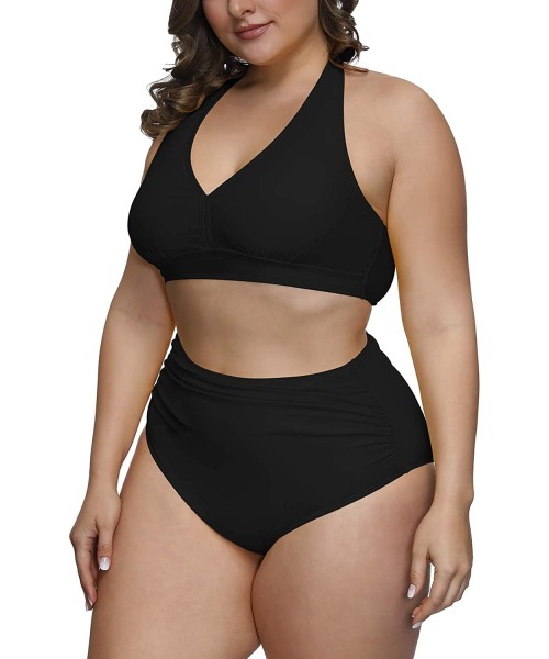 Sets Women's 2 Piece Plus Size High Waisted Swimwear Swimsuits Ruched Tummy Control Bikini Set - 01 - Black - CA1953HG8X8