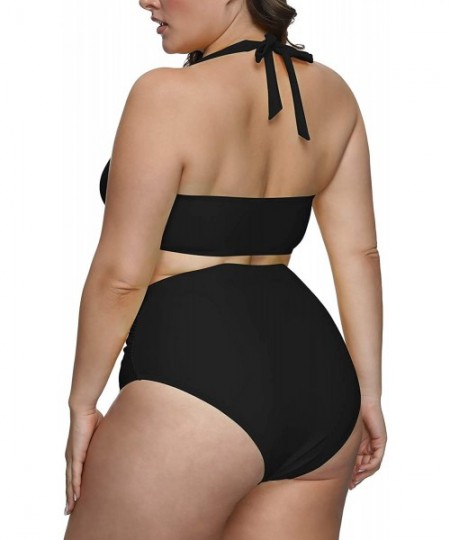 Sets Women's 2 Piece Plus Size High Waisted Swimwear Swimsuits Ruched Tummy Control Bikini Set - 01 - Black - CA1953HG8X8