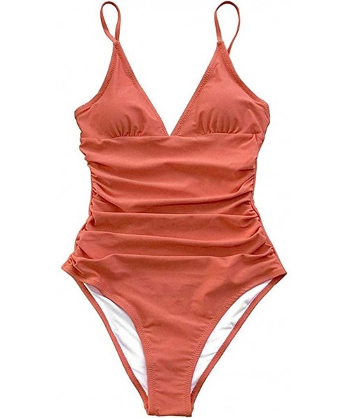 One-Pieces V Neck One Piece Swimsuits with Ruching Bathing Suits Tummy Control Beach Swimwear Plain Monokini for Women Orange...