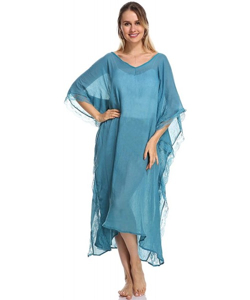 Cover-Ups Long Sheer Caftan Dress for Women- V Neck- with Elegant Lace - Blue - CR194GCEM4M