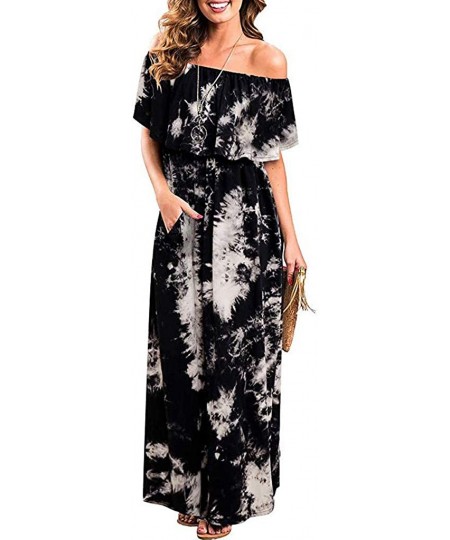 Cover-Ups Womens Off Shoulder Maxi Dresses Yellow Lemon Print Low High Hem Ruffle Dress Slash Neck Summer Casual Dress Pocket...