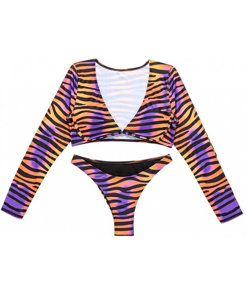 Tankinis Women Long Sleeve V Neck Padded Swim Shirt Rash Guard Top Tankini Set w High Cut Thong Bottom Swimsuit - Orange - CN...