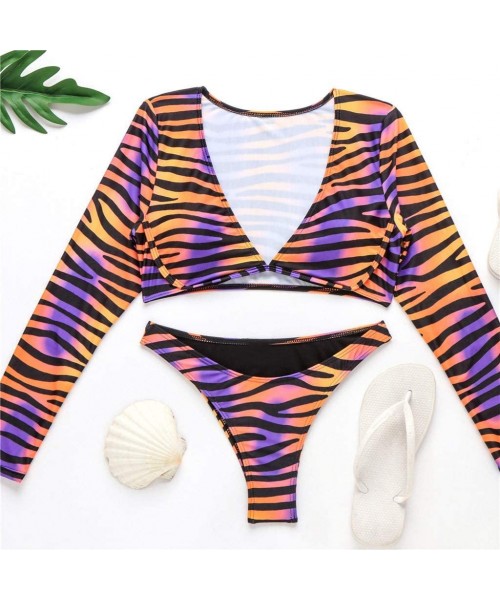 Tankinis Women Long Sleeve V Neck Padded Swim Shirt Rash Guard Top Tankini Set w High Cut Thong Bottom Swimsuit - Orange - CN...