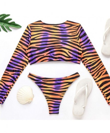 Tankinis Women Long Sleeve V Neck Padded Swim Shirt Rash Guard Top Tankini Set w High Cut Thong Bottom Swimsuit - Orange - CN...