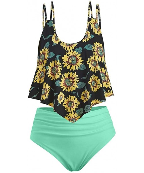 Sets Women Ruffled High Waisted Tankini Set Solid Strap Tank Tops Swimwear Sunflower Buttom 2PC Bathing Suit 11 green - CR18S...