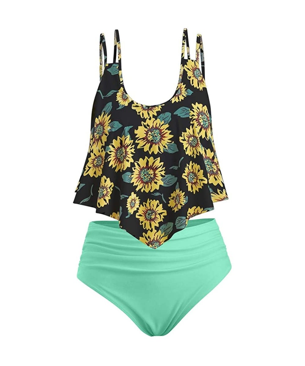 Sets Women Ruffled High Waisted Tankini Set Solid Strap Tank Tops Swimwear Sunflower Buttom 2PC Bathing Suit 11 green - CR18S...