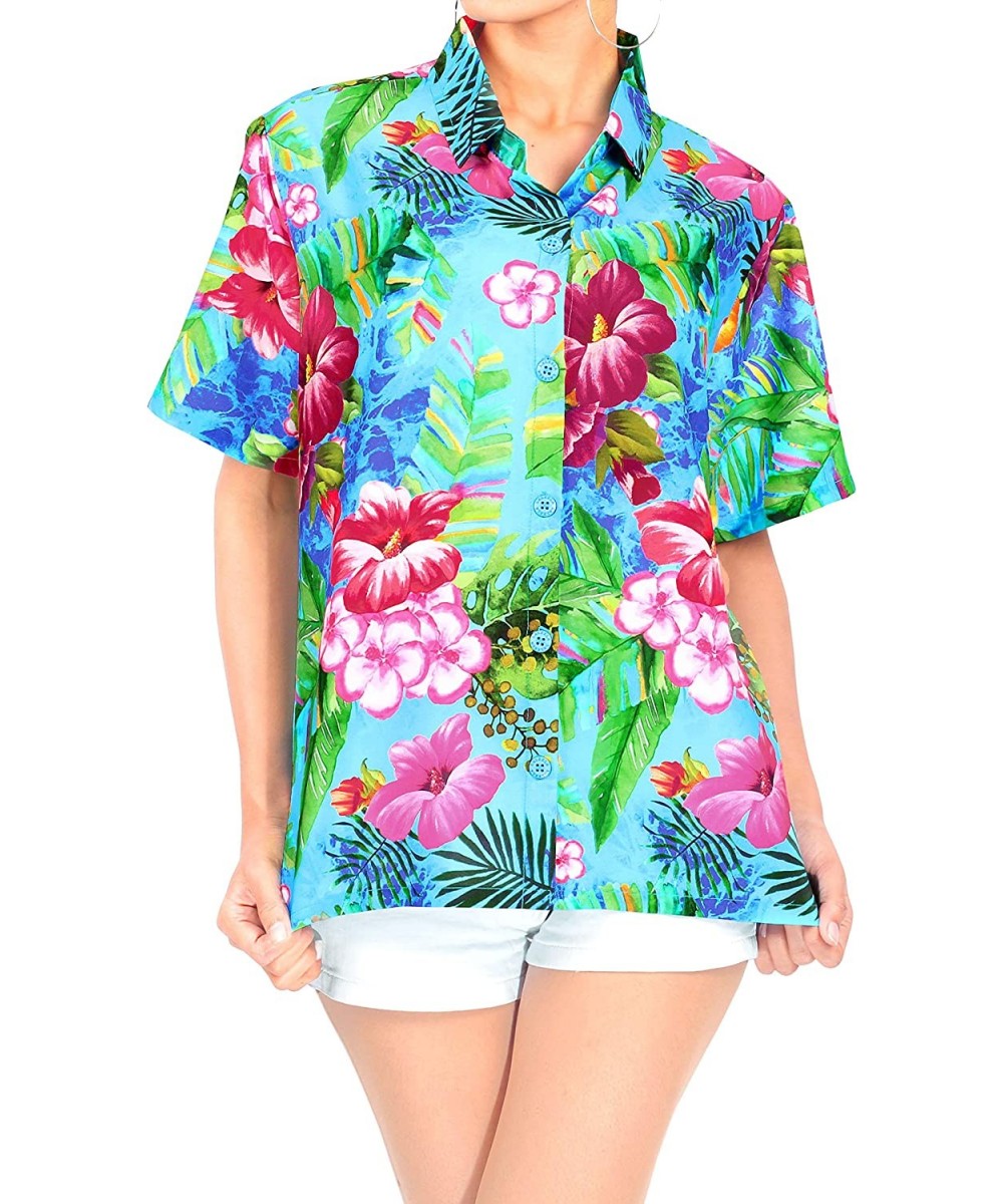 Cover-Ups Women Hawaiian Shirt Button Down Collar Party Casual Swim Aloha Beach - Blue_x221 - CY18GXZQ43O