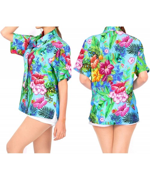 Cover-Ups Women Hawaiian Shirt Button Down Collar Party Casual Swim Aloha Beach - Blue_x221 - CY18GXZQ43O