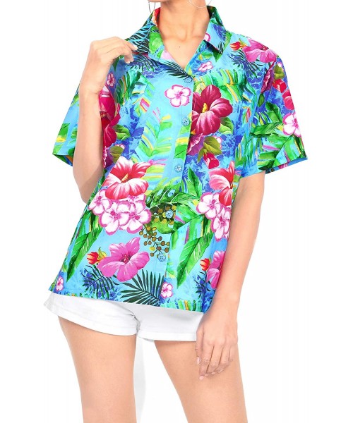 Cover-Ups Women Hawaiian Shirt Button Down Collar Party Casual Swim Aloha Beach - Blue_x221 - CY18GXZQ43O