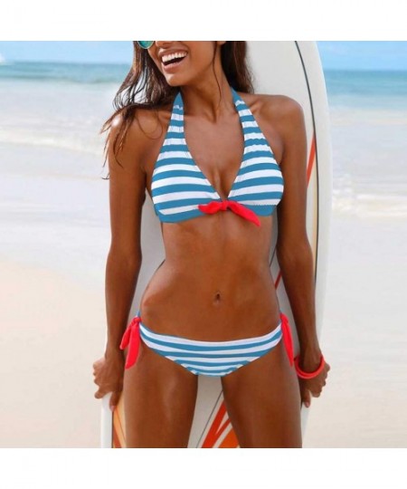 Tankinis Stripe Back Braided Straps Reversible Tank Top Strappy Lace Up Bikini Sets - Light Blue - CR195LQ65U4