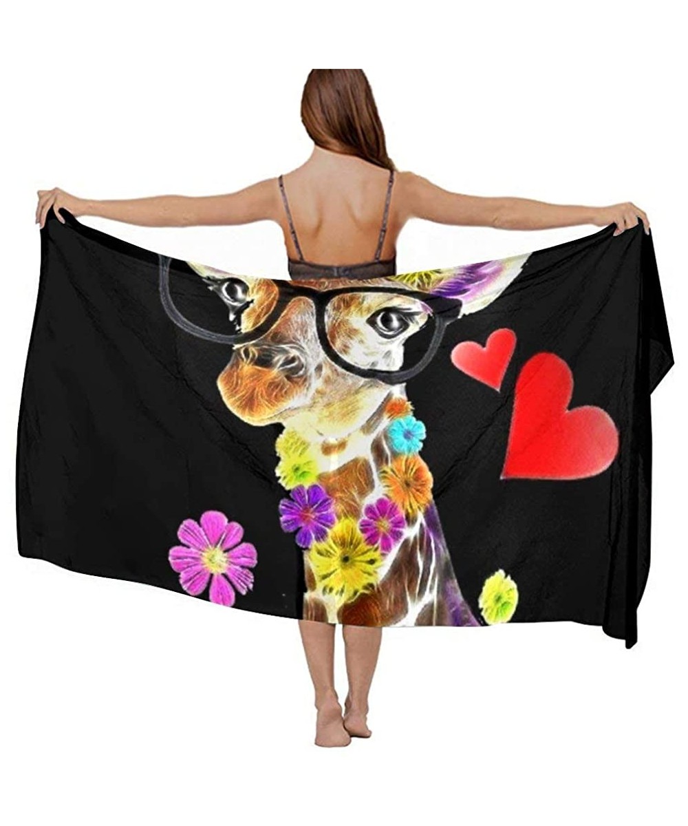 Cover-Ups Women Chiffon Scarf Shawl Wrap Sunscreen Beach Swimsuit Bikini Cover Up - Sweet Flower Giraffe Wear Glasses Black -...