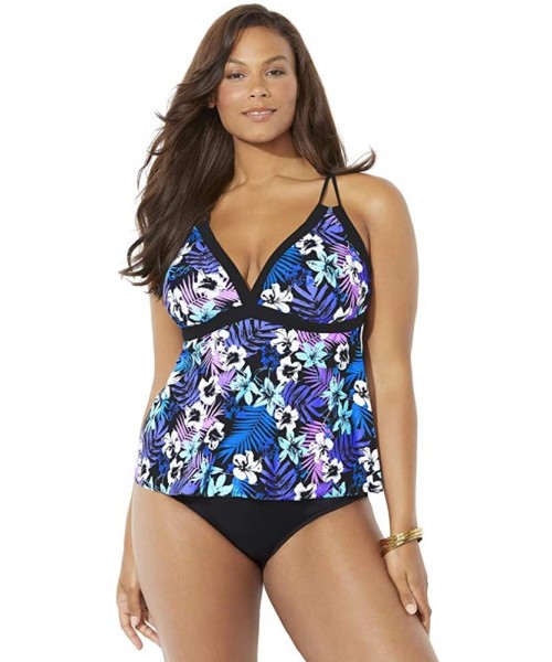 Tankinis Women's Plus Size Loop Strap Tankini Set - Pink Mint Flower - CP19EIKWAG4