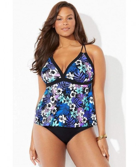 Tankinis Women's Plus Size Loop Strap Tankini Set - Pink Mint Flower - CP19EIKWAG4