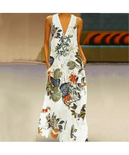 Cover-Ups Maxi Dress For Women丨deep Boho Print Dress丨womens Loose Party Dress - Beige - C318SQ7RA8R