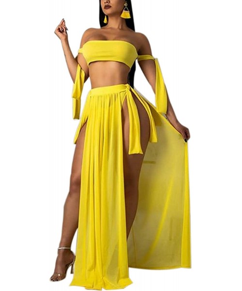 Cover-Ups Women's Three Piece Sexy Off Shoulder Swimsuits with Maxi Slit Skirt Cover Up Sleeveless Bikini Three Piece Sets S-...