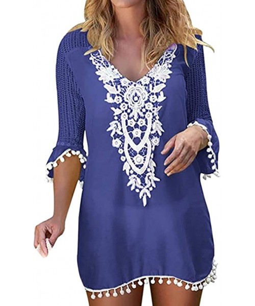 Cover-Ups Women's Swimwear- Pom Pom Trim Tassel Lace Crochet Beach Cover Up - 9754blue - CZ18OWQ40X3