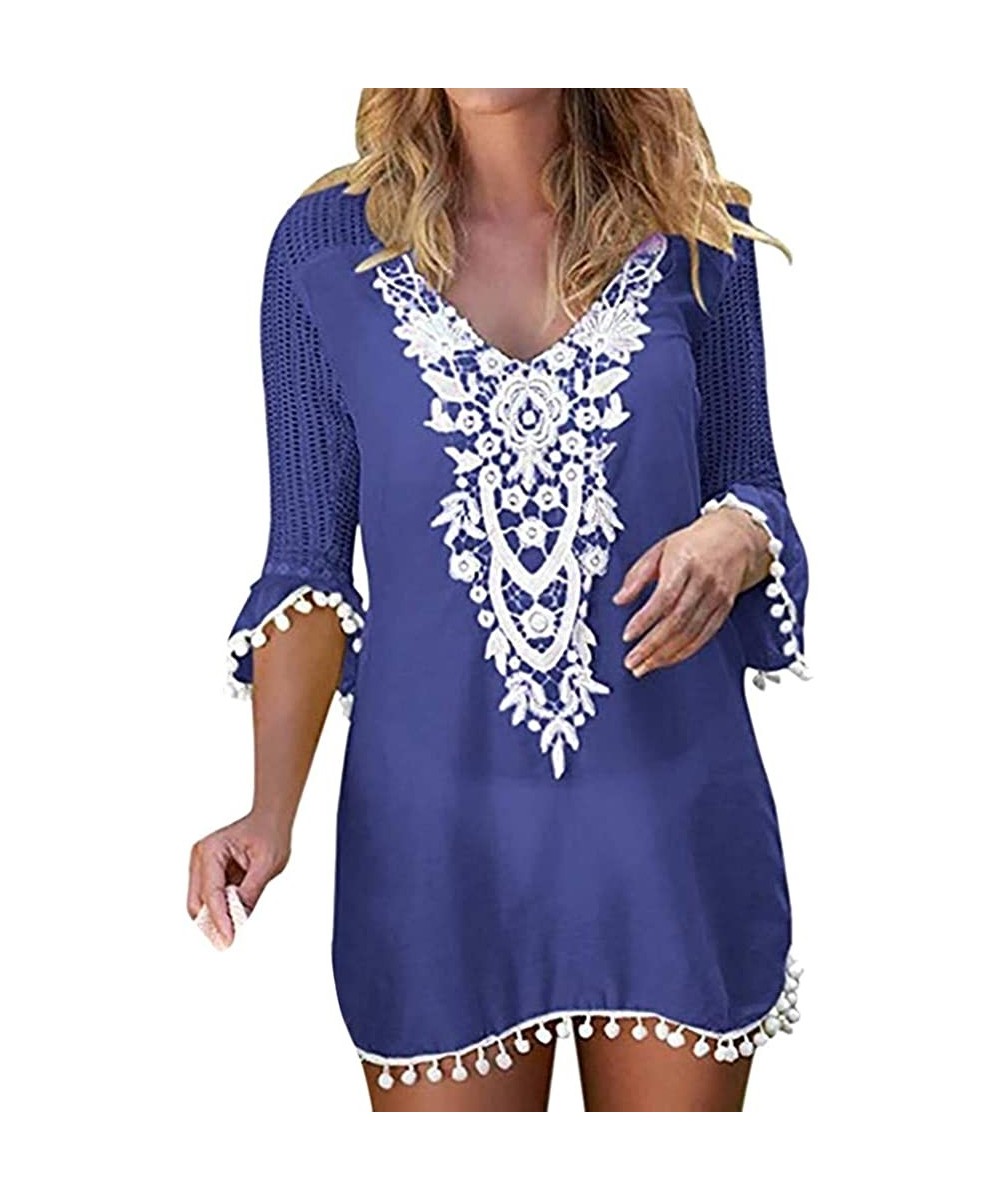 Cover-Ups Women's Swimwear- Pom Pom Trim Tassel Lace Crochet Beach Cover Up - 9754blue - CZ18OWQ40X3