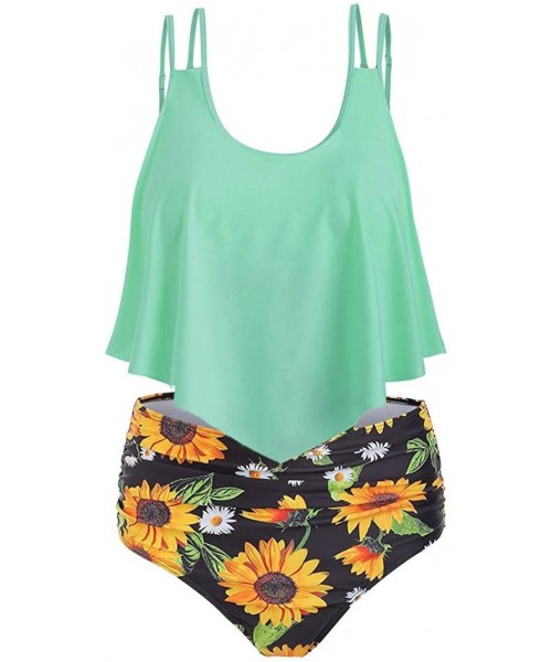 Sets Bathing Suit Two Piece Ruffled Top with High Waisted Bottom Bikini Sets Sunflower Floral Print Tankini - Green_b - CK19C...