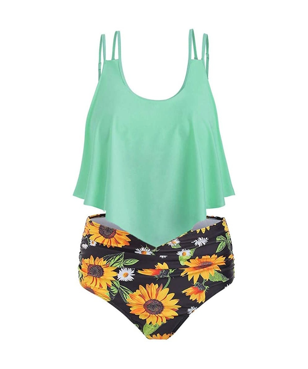 Sets Bathing Suit Two Piece Ruffled Top with High Waisted Bottom Bikini Sets Sunflower Floral Print Tankini - Green_b - CK19C...