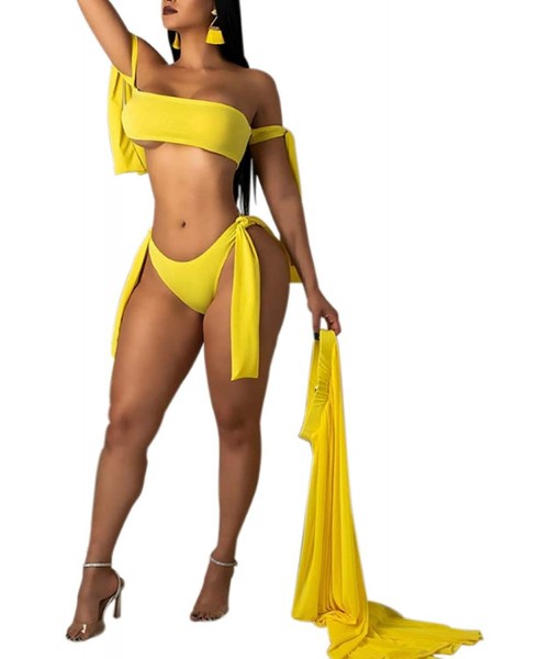 Cover-Ups Women's Three Piece Sexy Off Shoulder Swimsuits with Maxi Slit Skirt Cover Up Sleeveless Bikini Three Piece Sets S-...