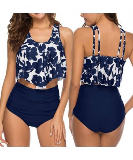 Bottoms 2PC Women Bikini Set High Waist Swimsuit Floral Print Bathinsuit Beach Swimwear - Navy B - C919620X8EG