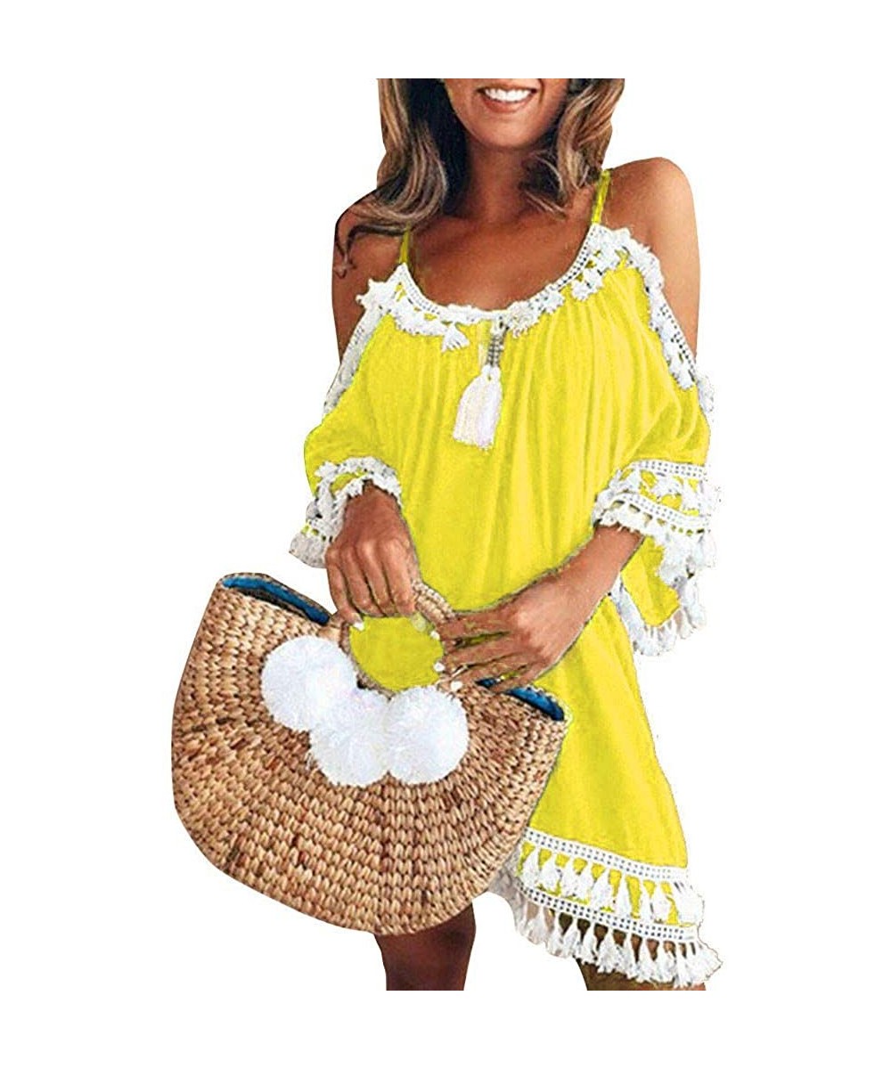 One-Pieces Women Off Shoulder Dress Tassel Short Cocktail Party Beach Dress Sundress - Yellow-1 - CJ18TOT3ZNW