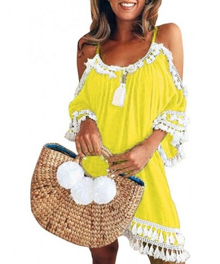 One-Pieces Women Off Shoulder Dress Tassel Short Cocktail Party Beach Dress Sundress - Yellow-1 - CJ18TOT3ZNW