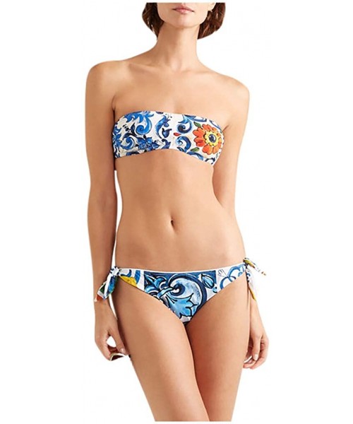 Sets Ethnic Print Bandage Bandeau Bikini Set Sides Bow Cheeky Thong Two Piece Swimsuit Beach Bathing Suit - Blue - C71958N9W46