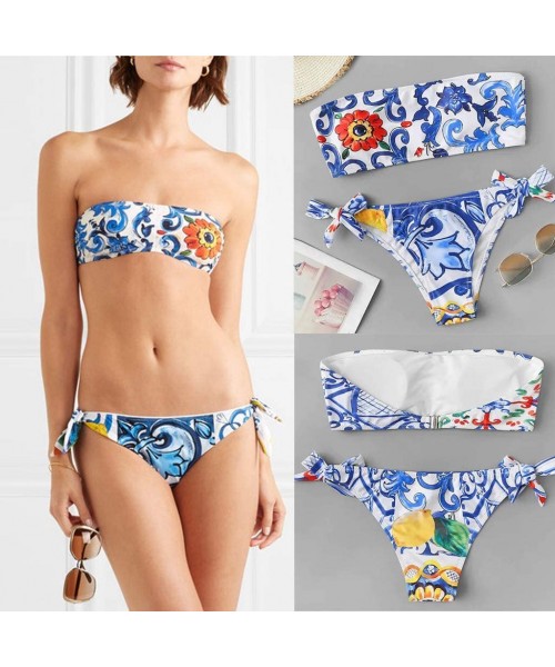 Sets Ethnic Print Bandage Bandeau Bikini Set Sides Bow Cheeky Thong Two Piece Swimsuit Beach Bathing Suit - Blue - C71958N9W46