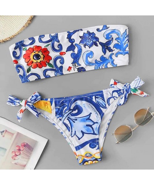 Sets Ethnic Print Bandage Bandeau Bikini Set Sides Bow Cheeky Thong Two Piece Swimsuit Beach Bathing Suit - Blue - C71958N9W46