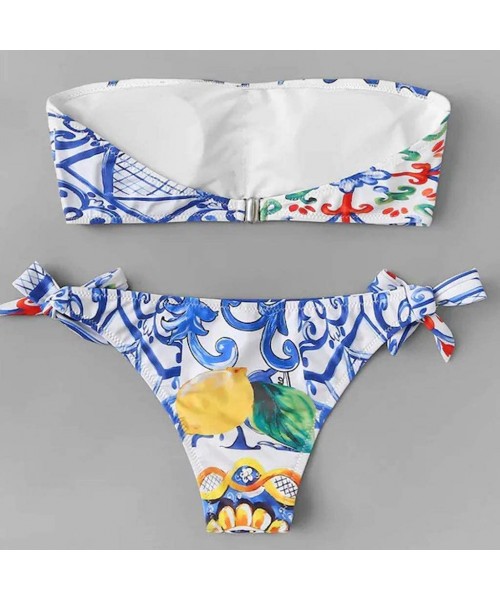 Sets Ethnic Print Bandage Bandeau Bikini Set Sides Bow Cheeky Thong Two Piece Swimsuit Beach Bathing Suit - Blue - C71958N9W46