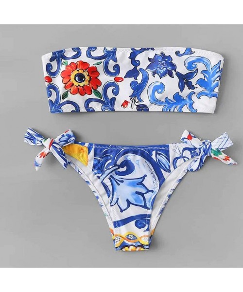 Sets Ethnic Print Bandage Bandeau Bikini Set Sides Bow Cheeky Thong Two Piece Swimsuit Beach Bathing Suit - Blue - C71958N9W46