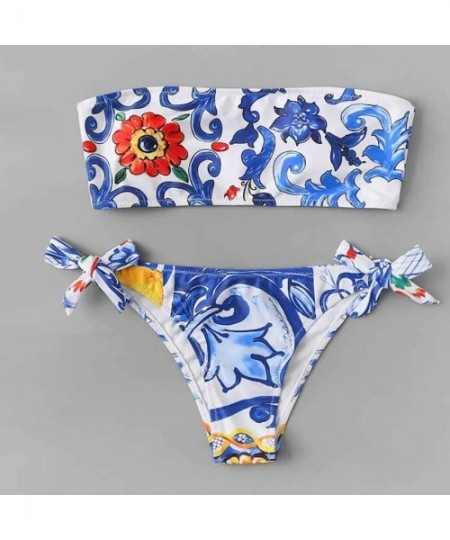 Sets Ethnic Print Bandage Bandeau Bikini Set Sides Bow Cheeky Thong Two Piece Swimsuit Beach Bathing Suit - Blue - C71958N9W46