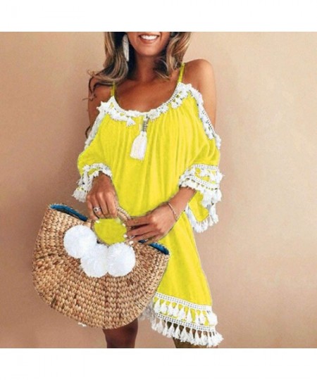 One-Pieces Women Off Shoulder Dress Tassel Short Cocktail Party Beach Dress Sundress - Yellow-1 - CJ18TOT3ZNW