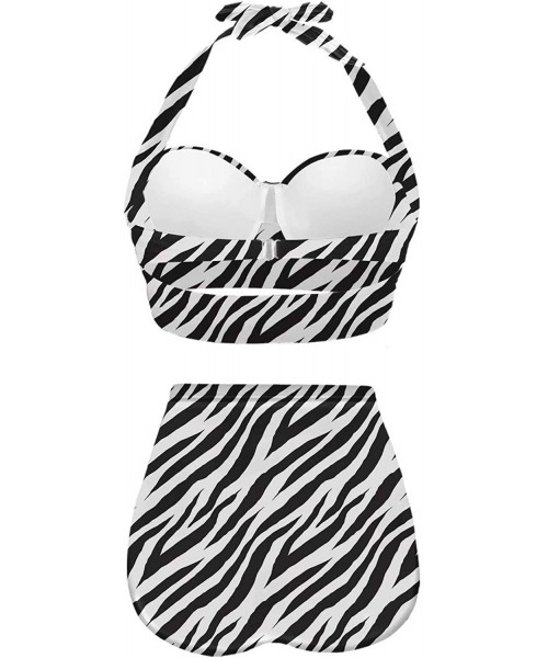 Sets Women's Halter Summer Bright Floral Print Funny Swimsuits High Waisted Bikini Set - Black+white - CQ196D30U7E