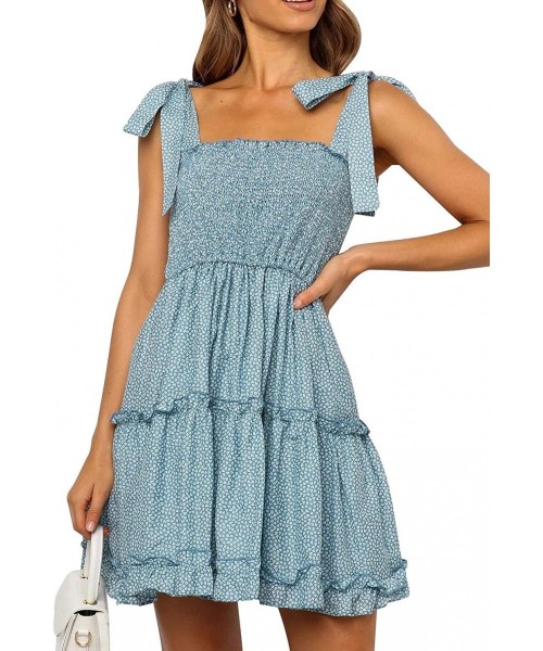 Cover-Ups Women's Casual Strappy Backless Polka Dot Ruffle Smock Beach Mini Dress - Blue - CS190YXLXZ7