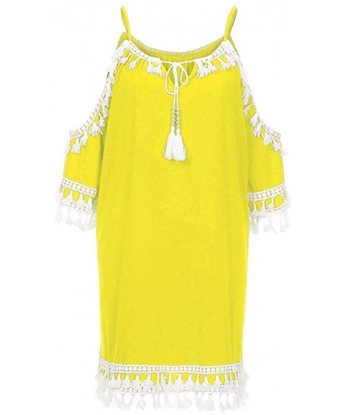 One-Pieces Women Off Shoulder Dress Tassel Short Cocktail Party Beach Dress Sundress - Yellow-1 - CJ18TOT3ZNW